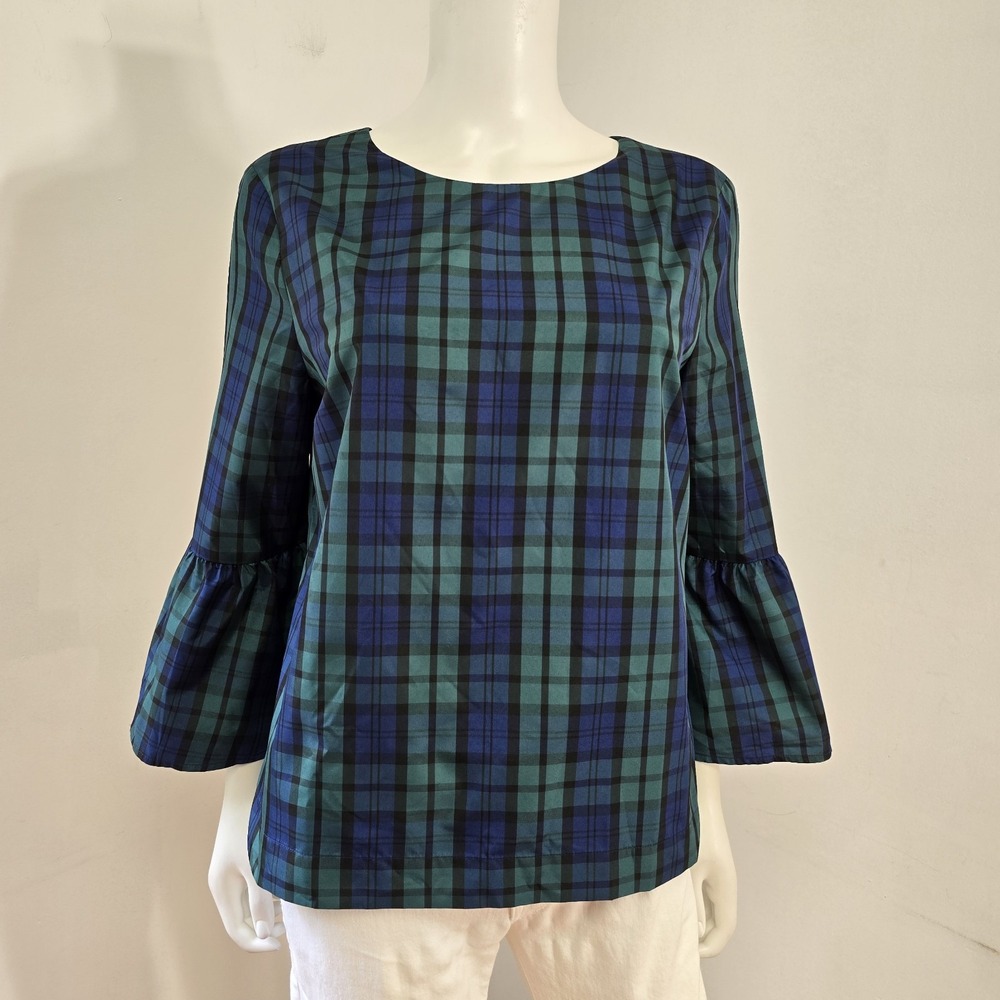 Vineyard Vines Blackwatch Plaid Blouse Size 10 Bell 3/4 Slv Lined Holiday Womens